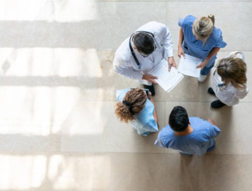 Healthcare professionals during a meeting at the hospital - High angle view